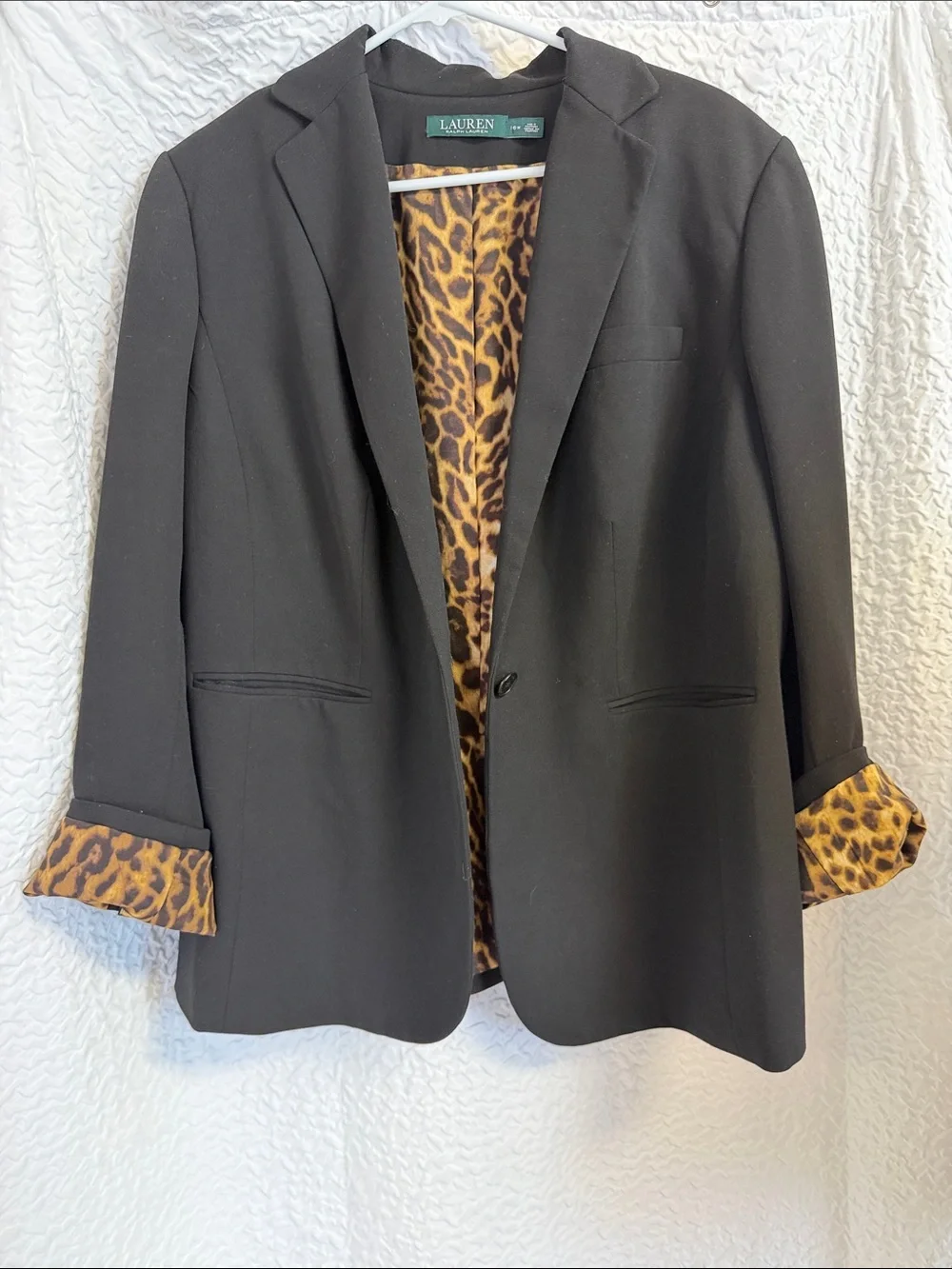 Lauren Ralph Lauren Single Button Black Blazer LeopardPrint Satin  Lining 16W